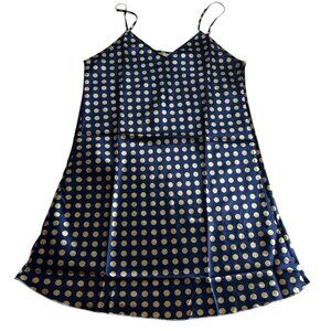Blue Satin Gold Polka Dot Slip Dress Mini Sz XL Adjustable Straps A Line Nightie